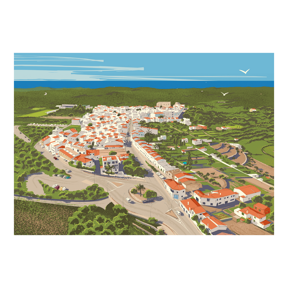 Ilustración aérea Es Migjorn Gran Menorca